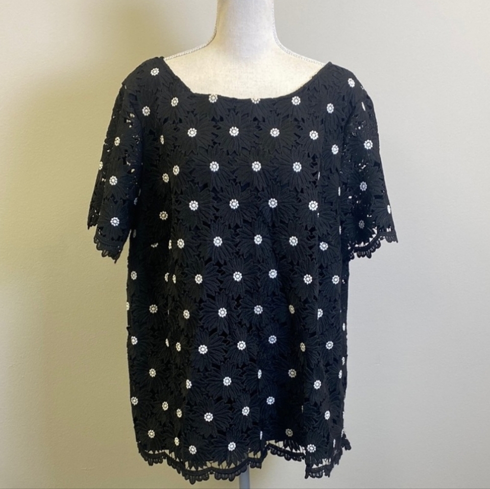 Talbots Black and White Floral Lace Blouse